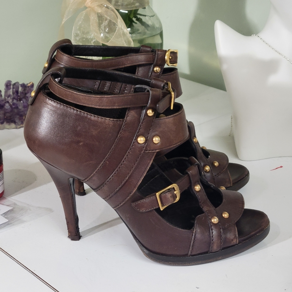 Gucci Leather Pumps 👠 Brown Peep-Toes Studded Accents Platform Multistrap $550 - Picture 9 of 15
